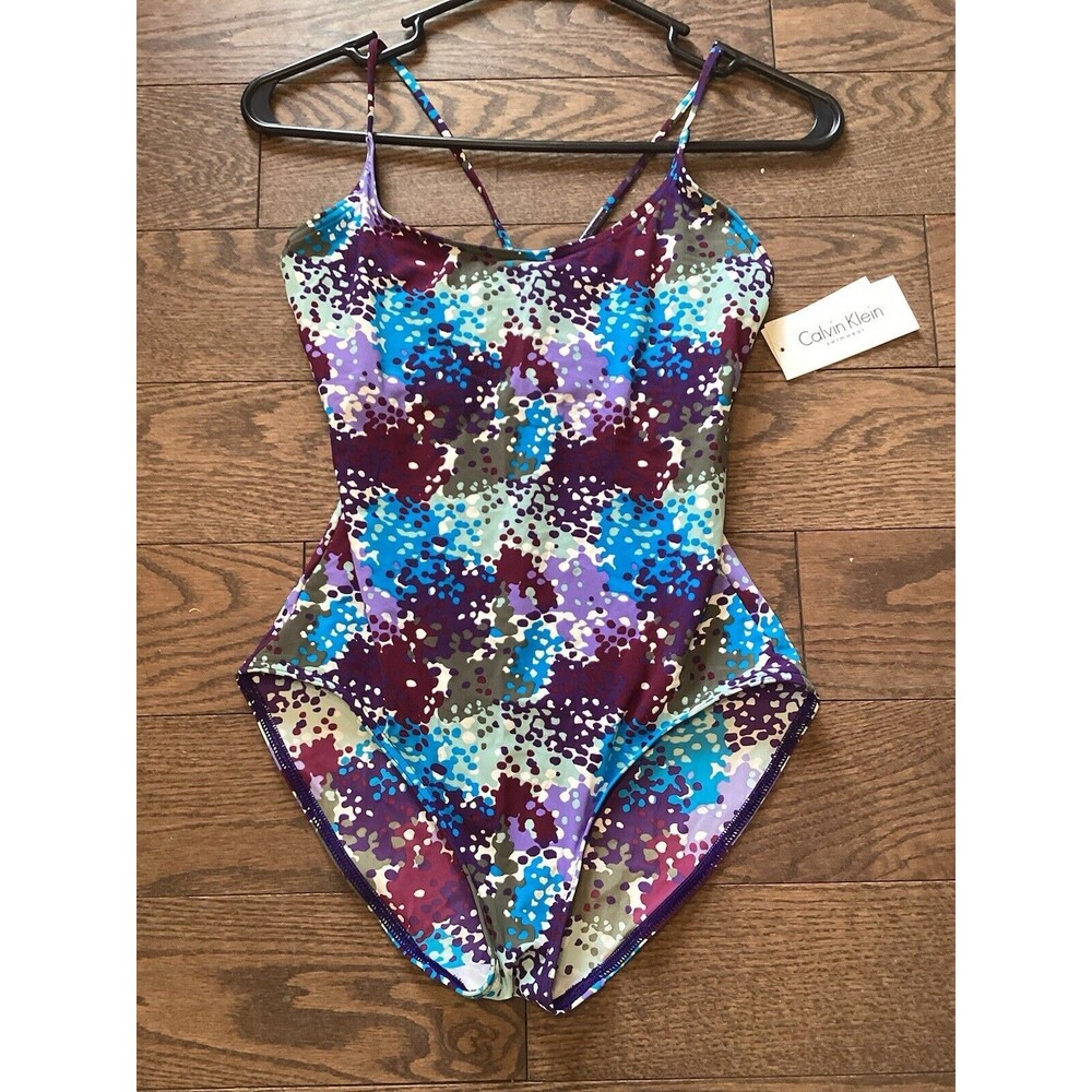 Calvin Klein Swimsuit Womens 06 Blue Purple Spotted One Piece Bathing Suit NWT